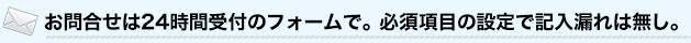 お問合せは24時間受付のフォームで。必須項目の設定で記入漏れは無し。